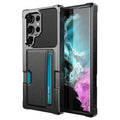 Black TPU PC phone case with card slot for Samsung, showing back with card inserted