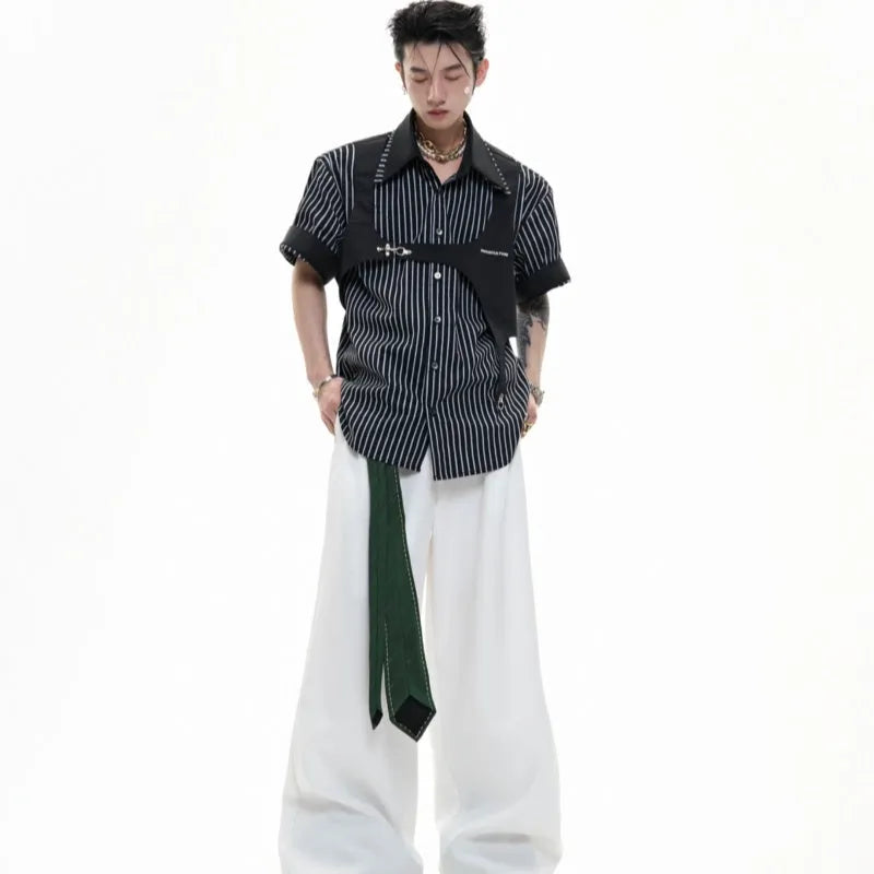 Men's striped cotton shirt with double collar design in black and white patterns, short sleeves with single-breasted fastening