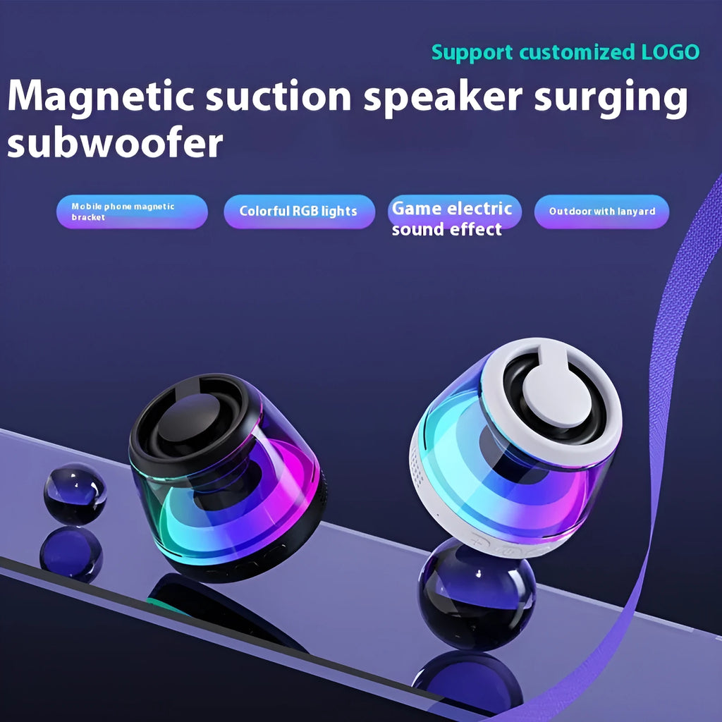 Portable white Bluetooth speaker with ambient lighting and magnetic base for desktop use