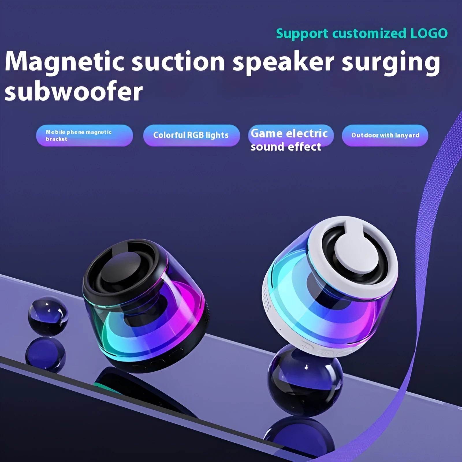 Portable white Bluetooth speaker with ambient lighting and magnetic base for desktop use