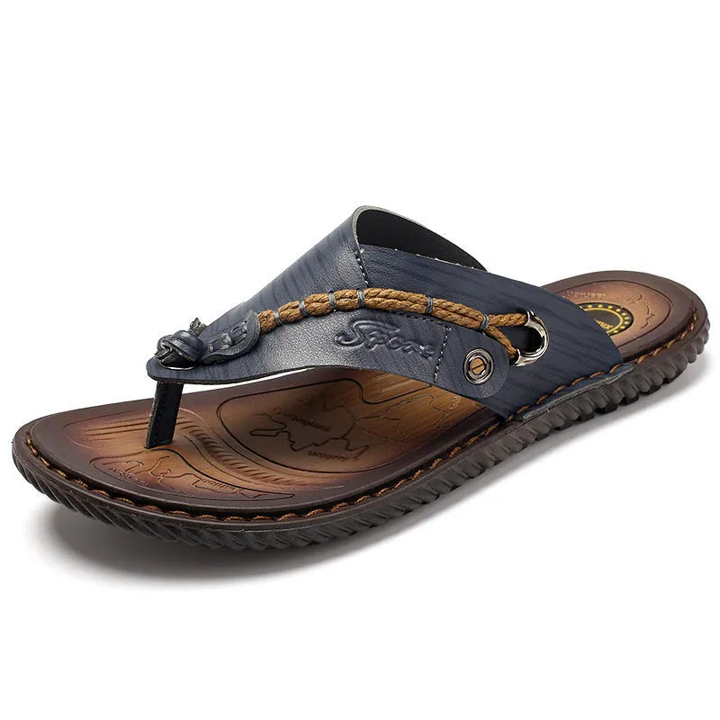 Men's black PU leather casual slippers with a non-slip sole, shown from the side.