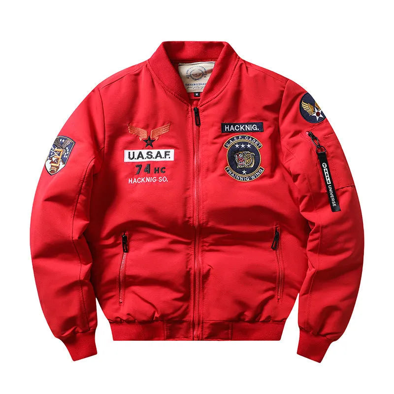 Men's slim-fit stand collar cotton-padded coat in blue, shown with embroidery and patch pockets.