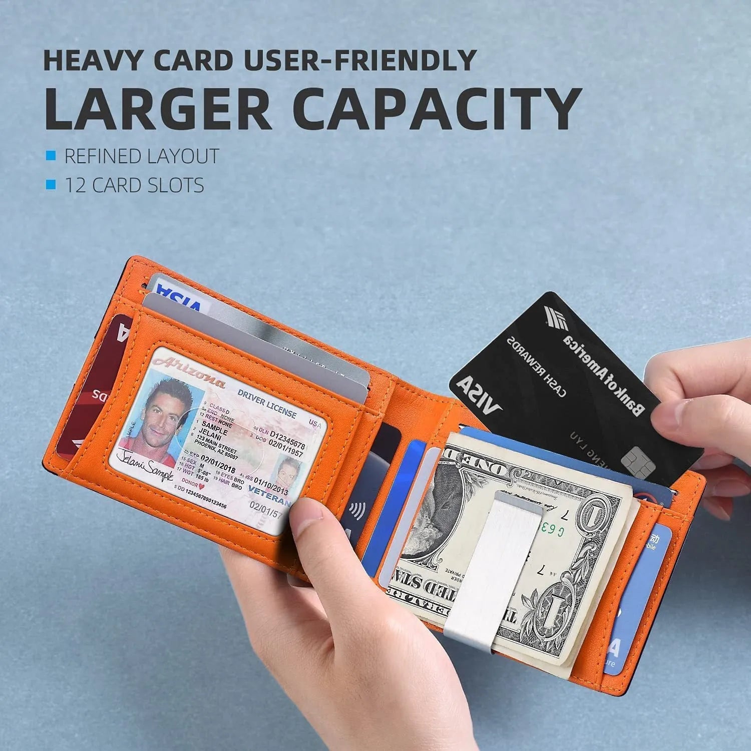 PU leather RFID anti-theft wallet with multiple card slots in carbon fibre black, measuring 11 x 7.9 cm