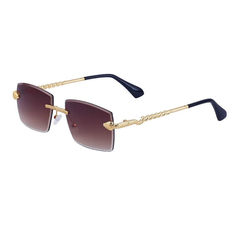 Rimless sunglasses for men with UV400 PC lenses and gold tea wood-grain arms in six colour options