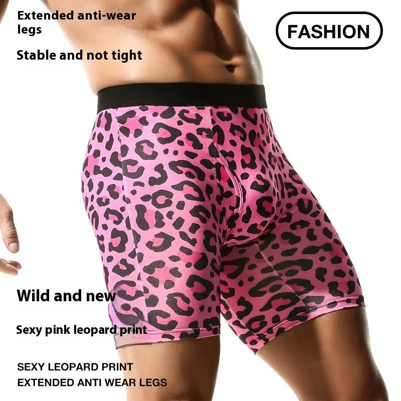 Men's wild leopard print underwear in pink, black and green tie-dye, and doughnut colours on a white background.