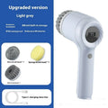 USB rechargeable electric cleaning brush in light grey or purple with multiple cleaning heads
