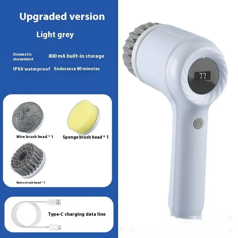 USB rechargeable electric cleaning brush in light grey or purple with multiple cleaning heads