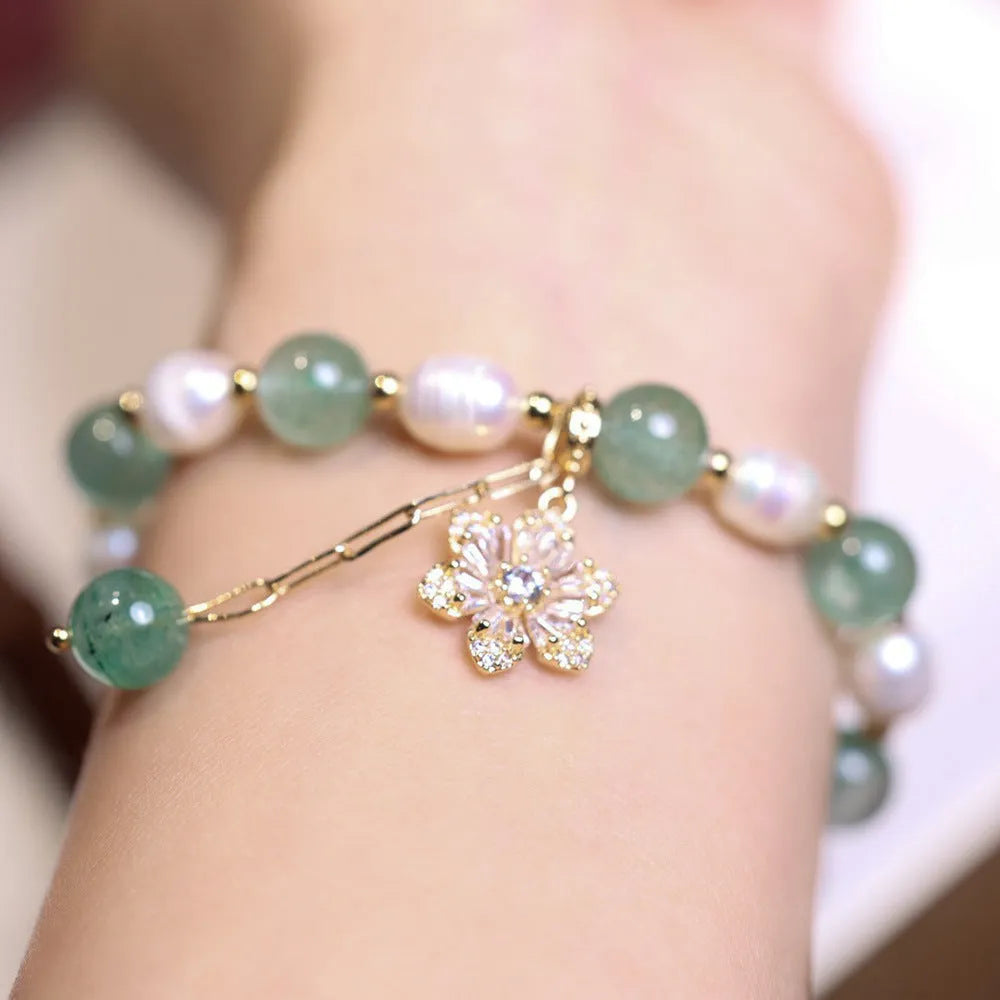 Green freshwater strawberry pearl bracelet with Chinese knot and peace buckle closure