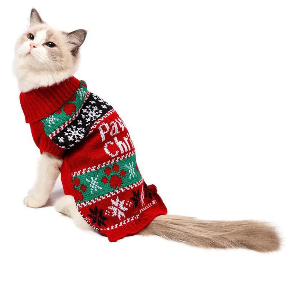 Red high-necked acrylic contrast colour dog sweater on a pet, available in sizes XS to XL