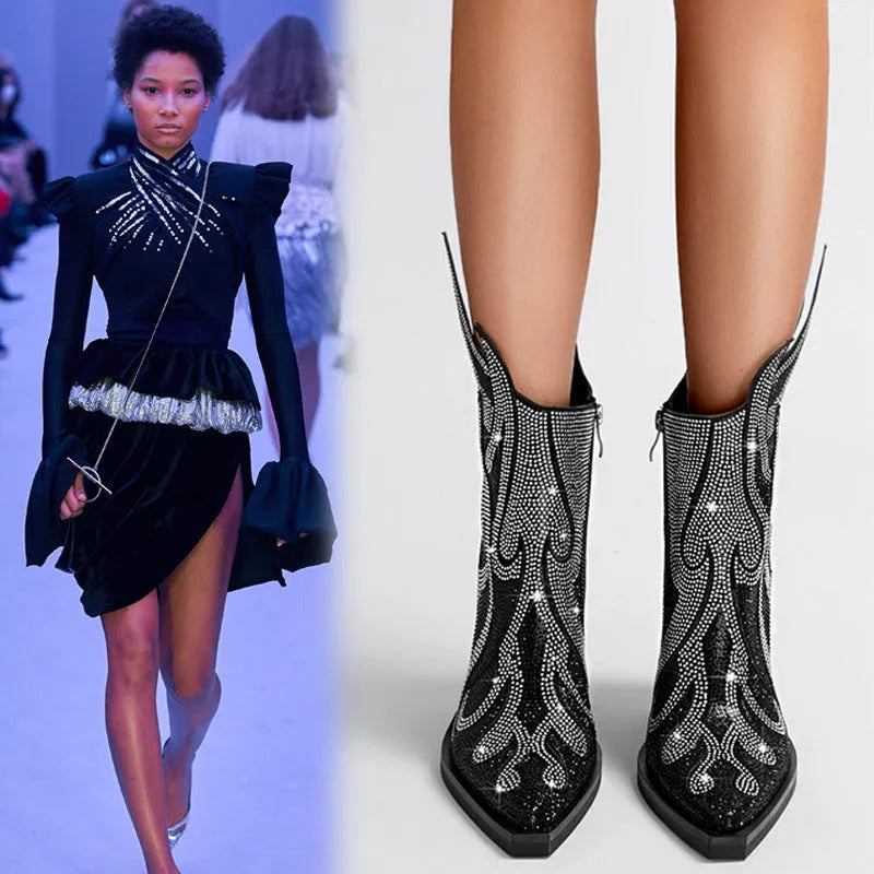 Women's square toe Martin boots with chunky heel and rhinestone flame decoration in multiple colours
