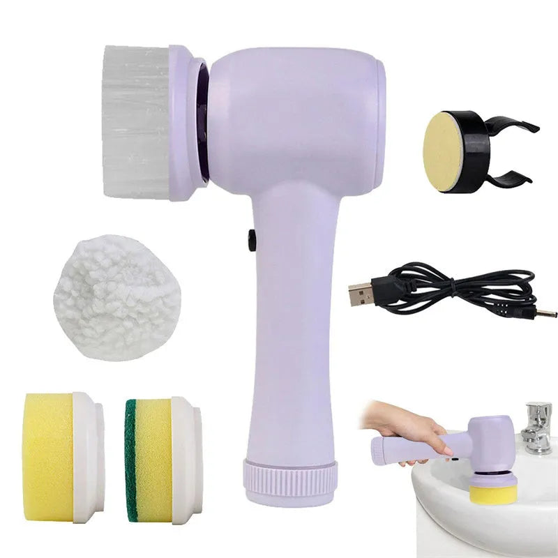 White cordless electric spinning cleaning brush with multiple brush heads on wall bracket