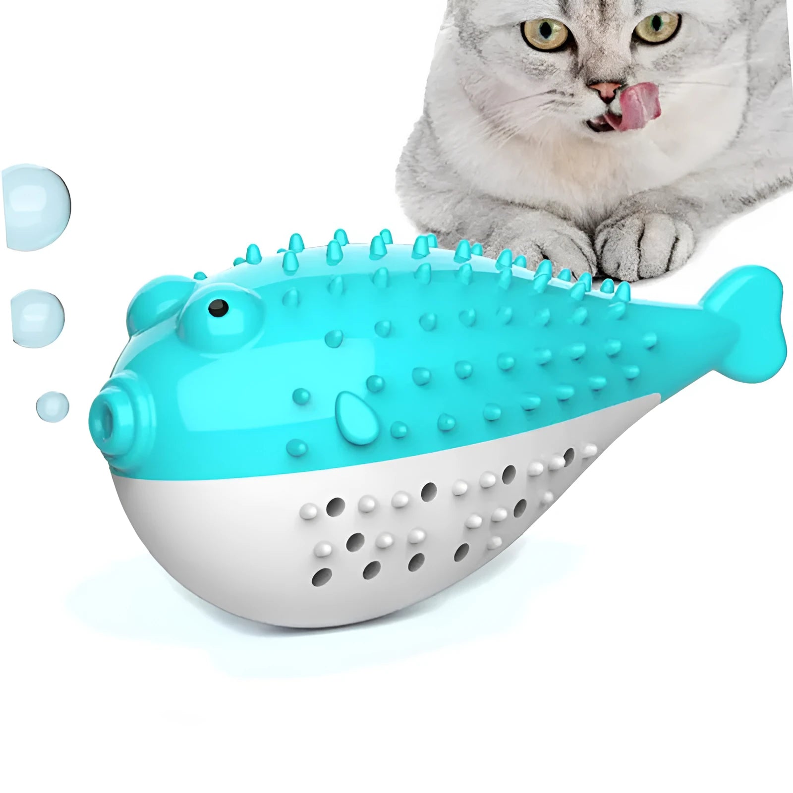 Mint Toys blue silicone cat fish chew toy and teaser on a plain surface showing fish shape and size.