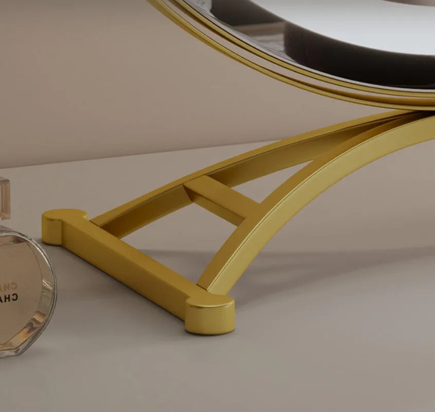 Rotating dressing table mirror with metal frame and LED charging light in black, 40cm diameter