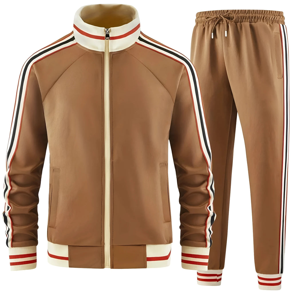Khaki coloured polyester turtleneck zipper cardigan top and matching trousers laid flat.