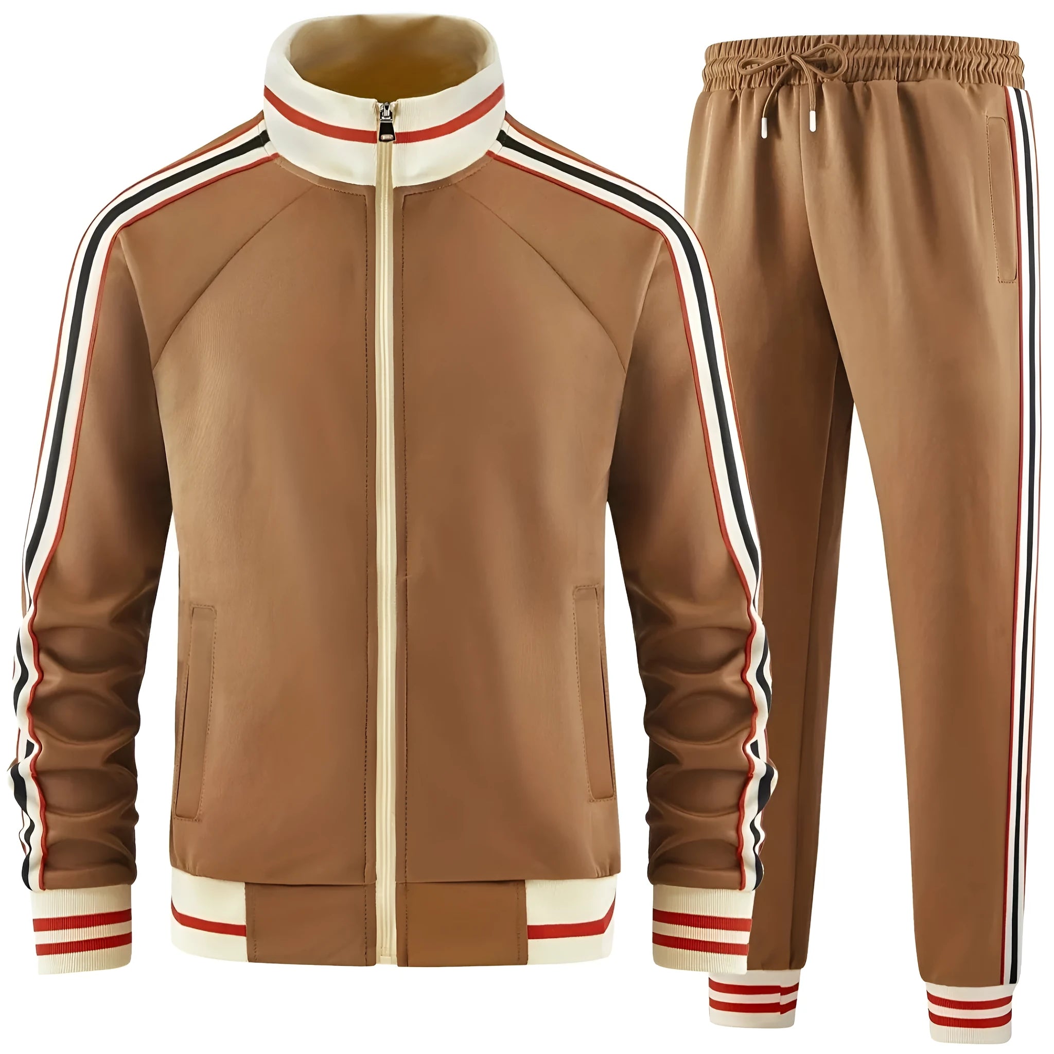Khaki coloured polyester turtleneck zipper cardigan top and matching trousers laid flat.