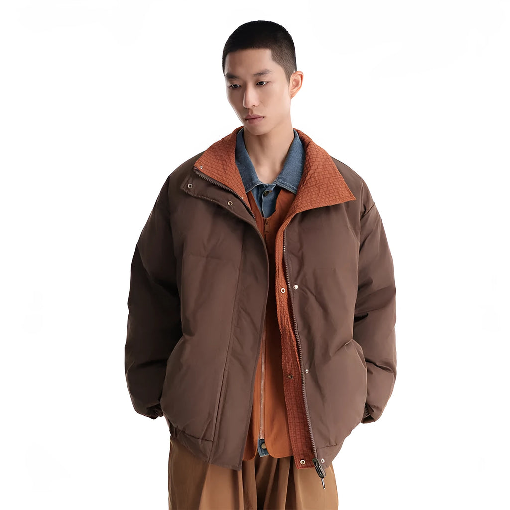Men's reversible plaid down jacket in brown with stand-up collar and hood, medium length 65cm