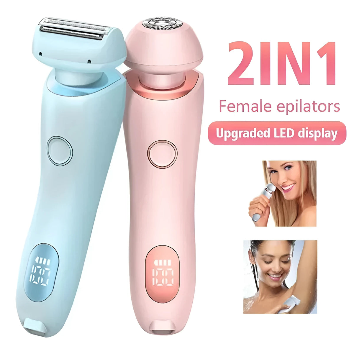 2 in 1 electric shaver for women, pink or blue, USB rechargeable, IPX7 waterproof, with square foil and round rotating heads.