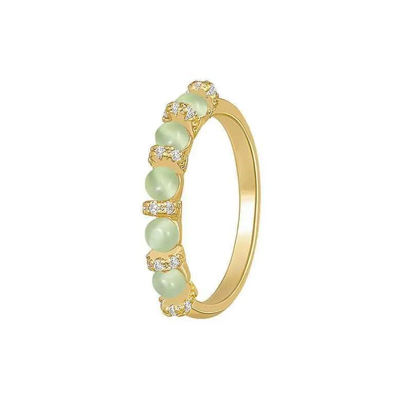 Geometric green cat eye ring for women in gold finish on copper base