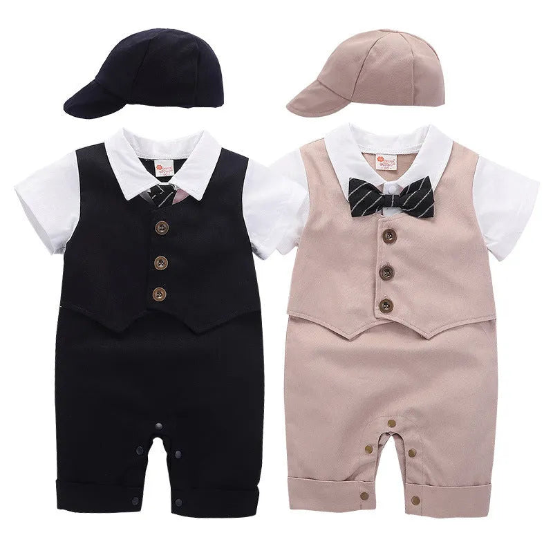 Cotton baby jumpsuit romper in black with short sleeves and removable hood, front view