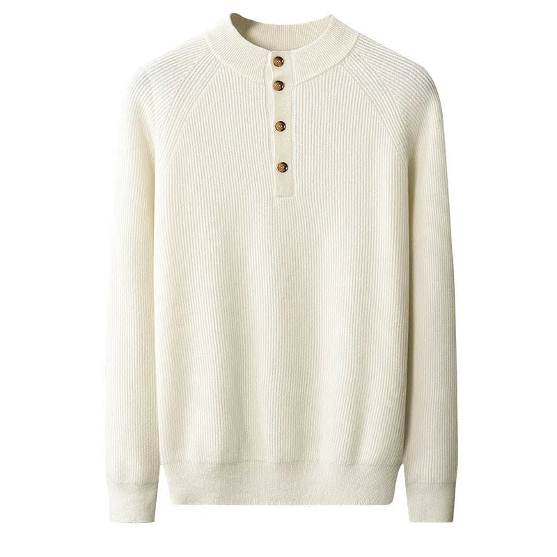 Half-height cardigan collar knitted loose oversized wool sweater pullover in dark blue front view