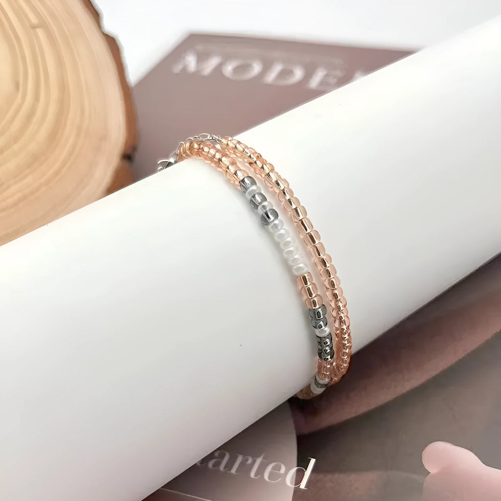 Moss Password Beads Bracelet with crystal string beads and stainless steel double layer geometric chamfered square pattern