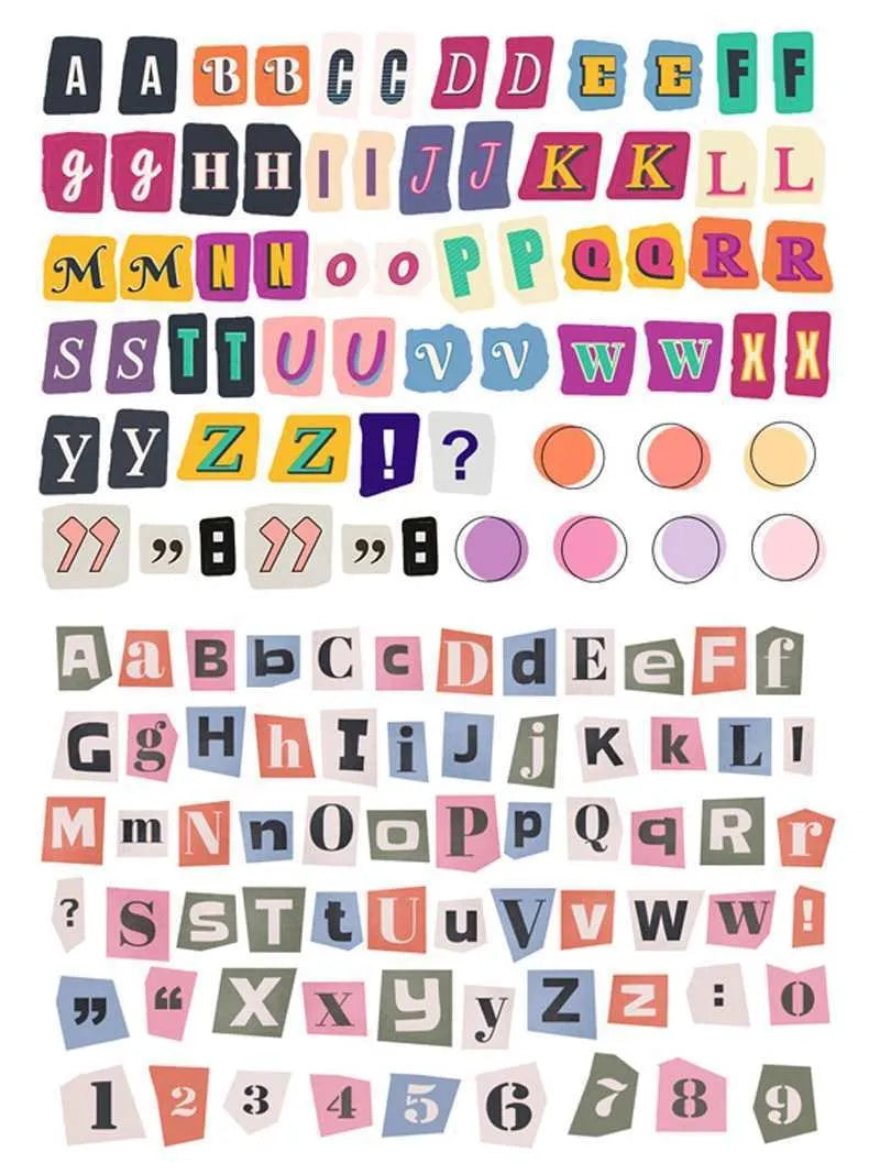 English letters and numbers symbol label sticker sheet with alphabet sets and week words in cute printed design