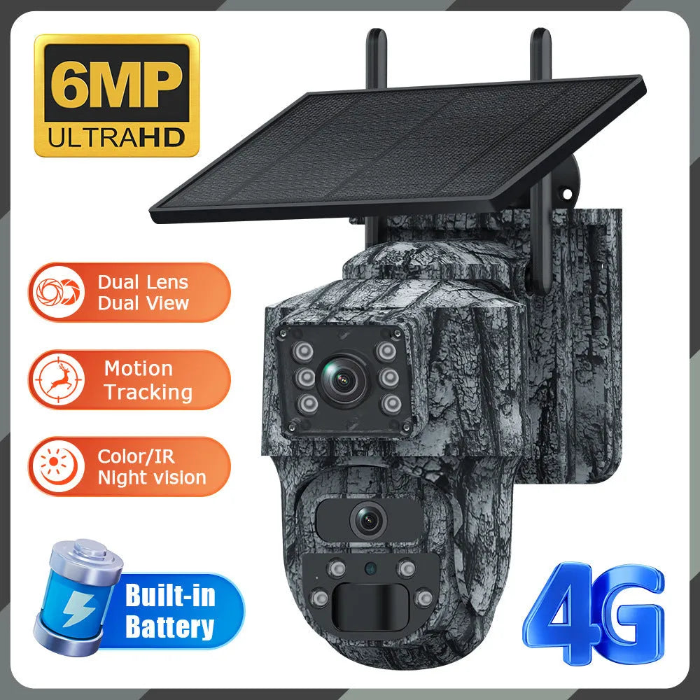 6MP solar surveillance camera with dual screen and solar panel, IP66 waterproof, ceiling mount, black housing