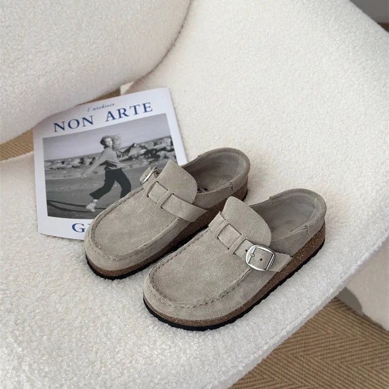 Men's and women's same style mule slippers in sand gray with cow suede upper and cork sole