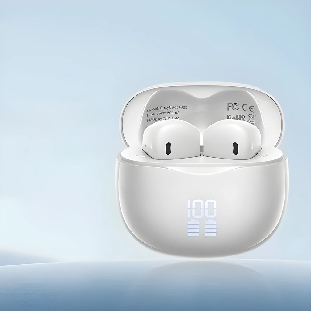 CozyBuds W39 wireless headset in Pearlescent White with earplug design and digital display