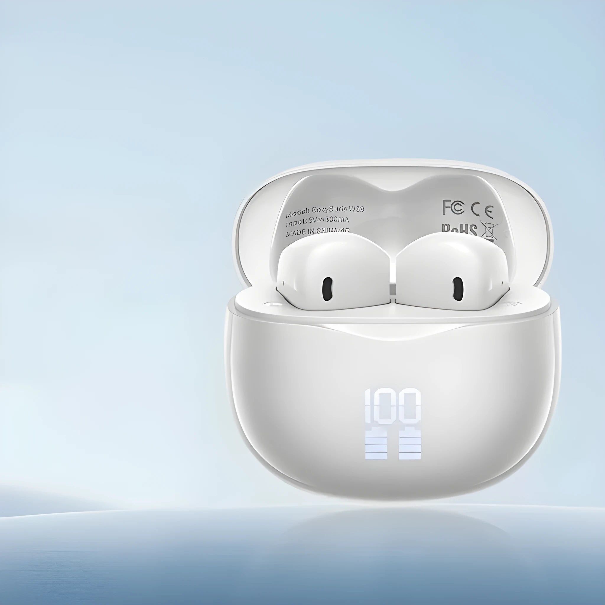 CozyBuds W39 wireless headset in Pearlescent White with earplug design and digital display