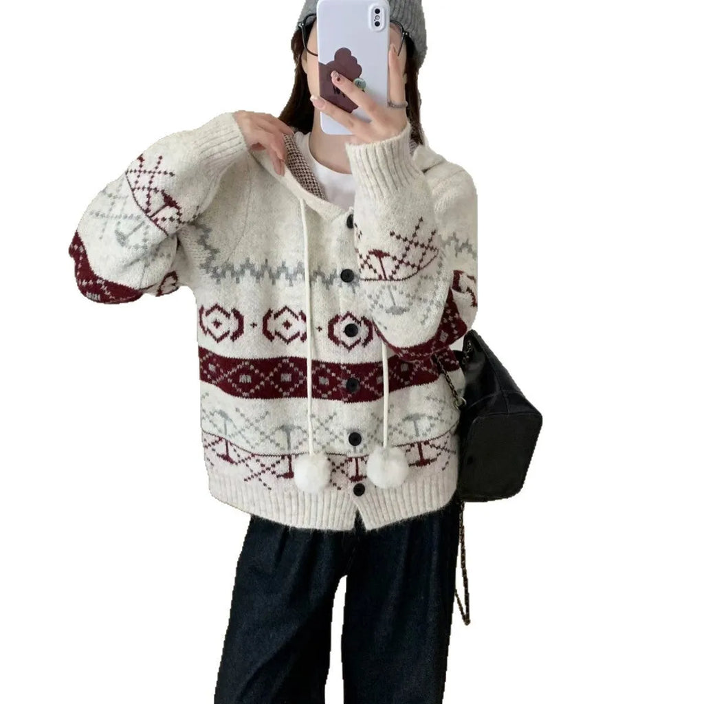Women's loose-fit geometric brocade sweater coat in milky white, plus size.