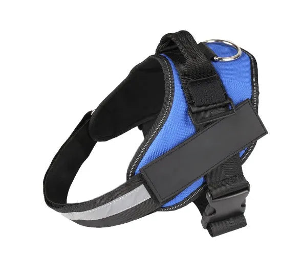 Adjustable dog harness with padded vest in multiple colours, showing front straps and back D-ring.