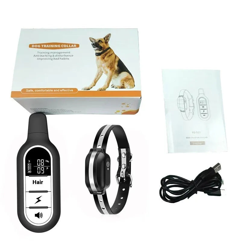 Black waterproof remote control dog trainer with ABS material collar and handheld remote on a neutral background.