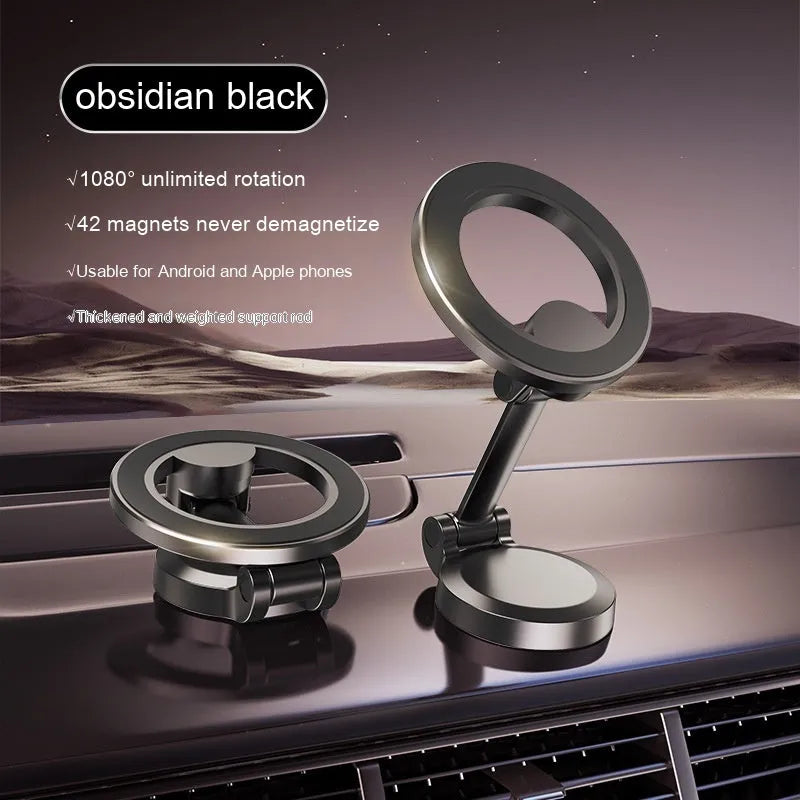 All-metal magnetic car phone mount in Qian colour, shown folded and unfolded on a car dashboard.