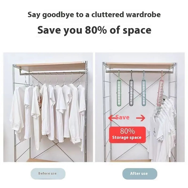 A green plastic folding hanger with nine holes for holding trousers or skirts.