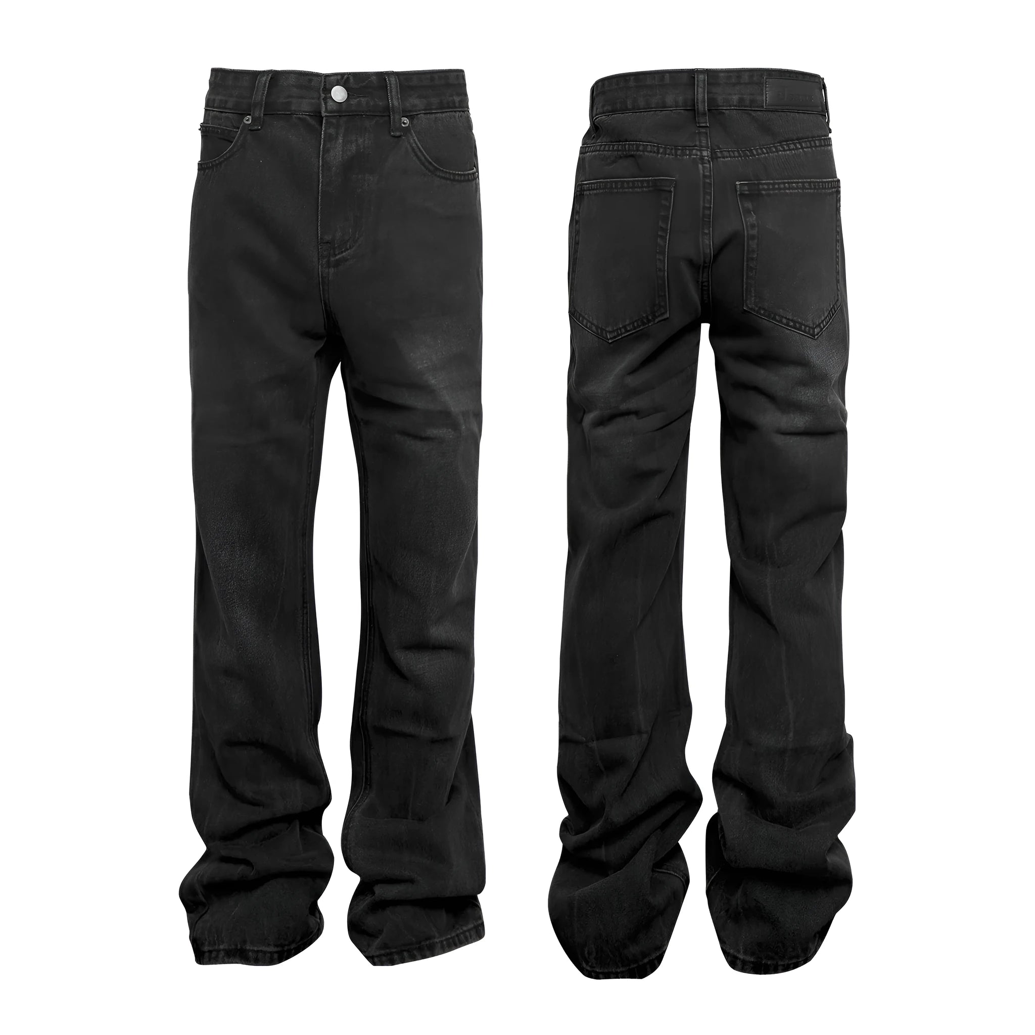 Black washed cracked denim trousers middle waist zipper fly men's regular length black jeans
