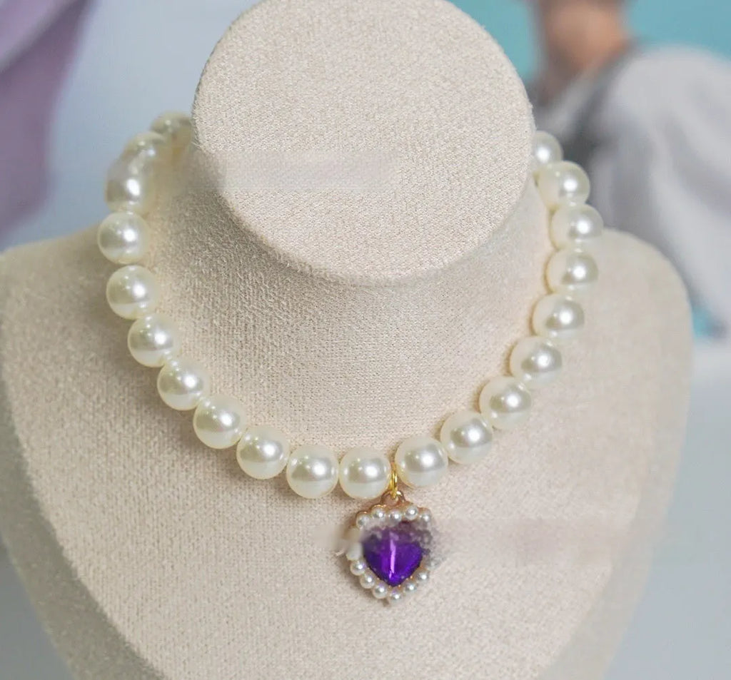 Plastic alloy resin pearl necklace cat collar with love gem charm in multiple colours