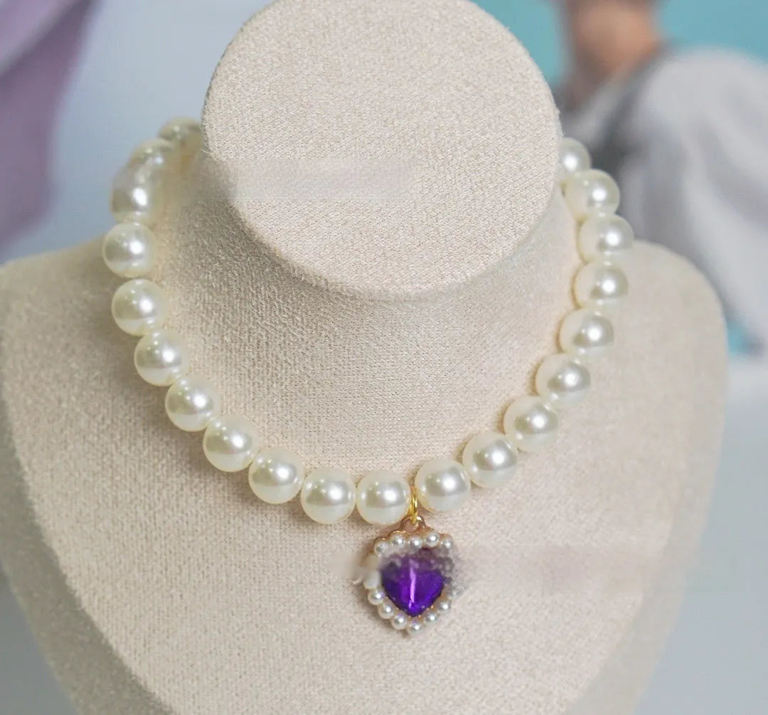 Plastic alloy resin pearl necklace cat collar with love gem charm in multiple colours