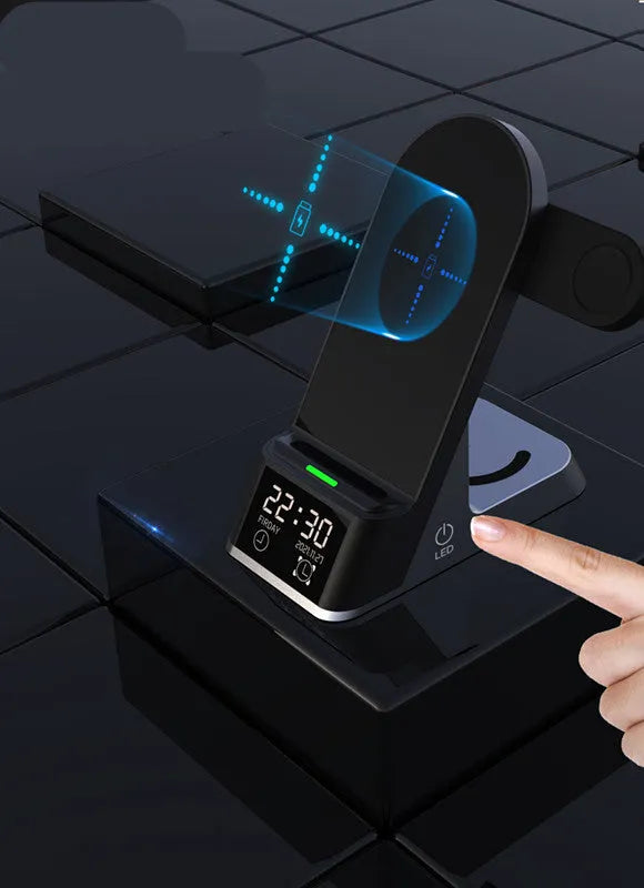 Creative H35 multifunctional wireless charging station with alarm clock in black, showing phone, watch, and earbud charging pads