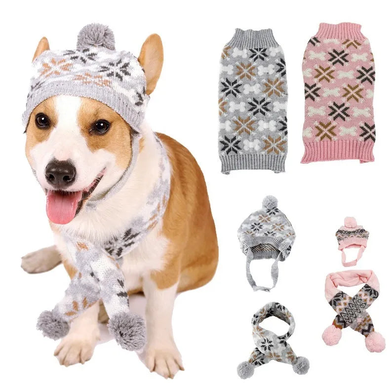 Japanese-style grey jacquard pet sweater with matching hat and scarf set on dog model
