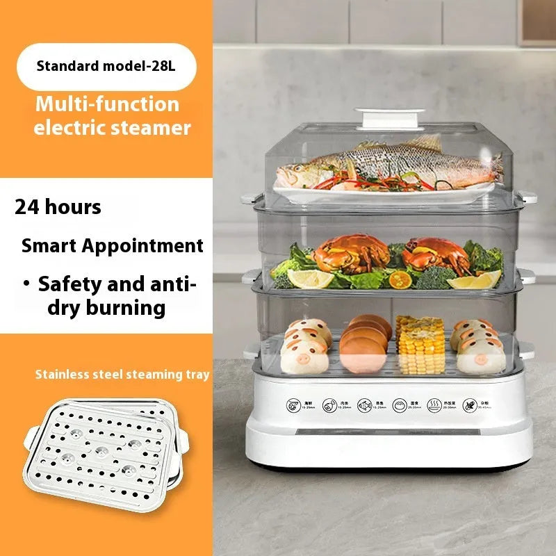 28 litre capacity electric kitchen steamer with stainless steel rack on a worktop.