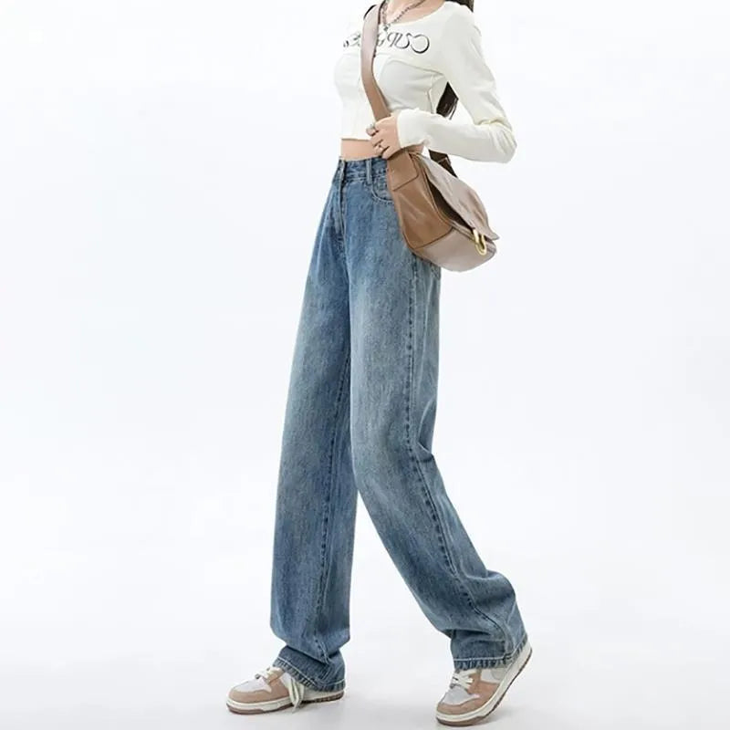 Retro blue high waist wide leg jeans for women on a hanger
