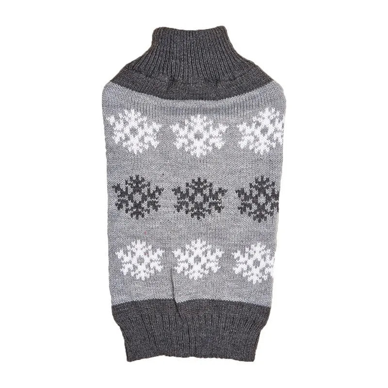 Grey and brown dog Christmas sweater with snowflake pattern, pet clothing for winter