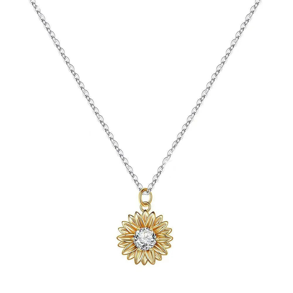 Women's 925 silver sunflower love pendant necklace with geometric daisy details on an adjustable cross chain.
