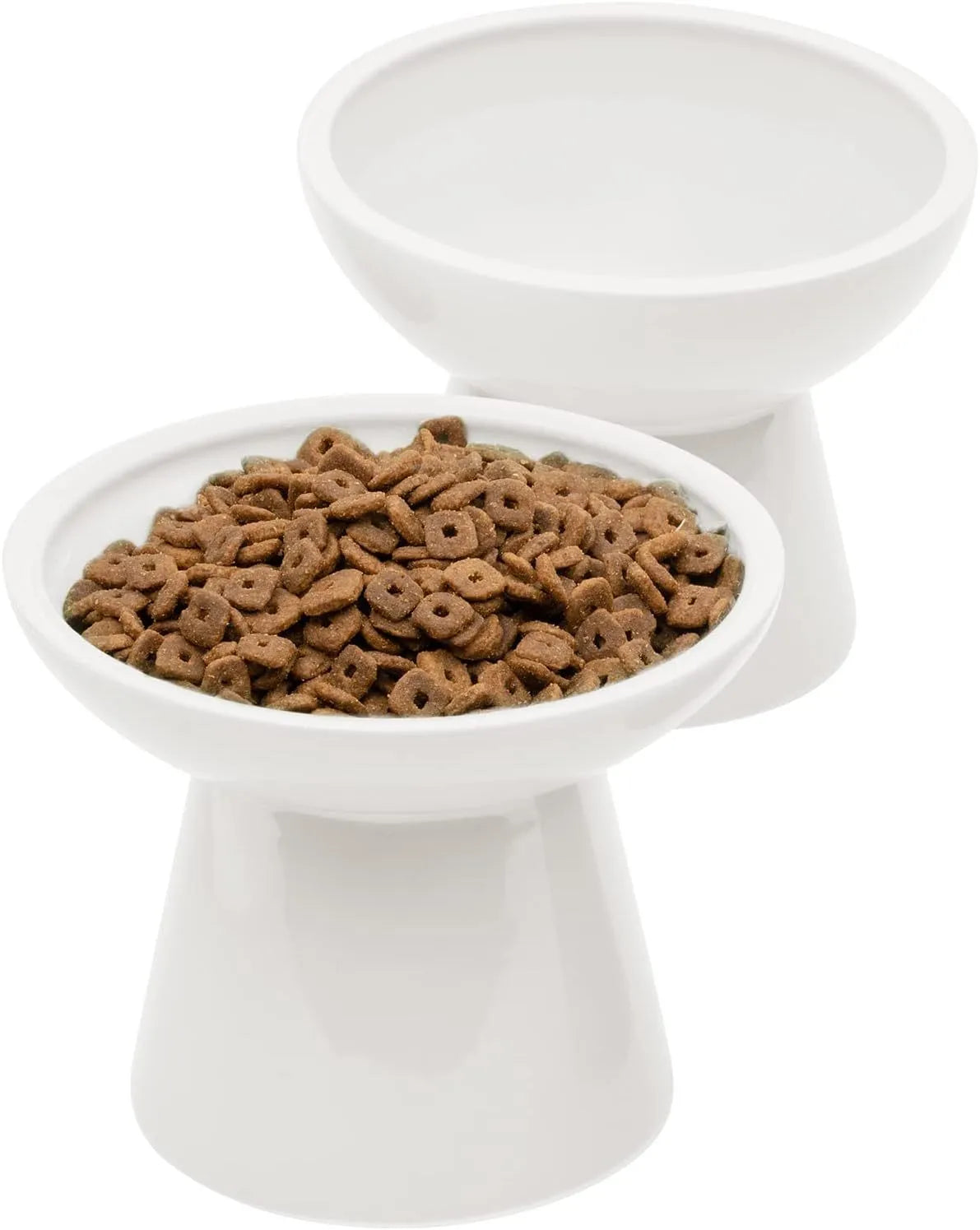 Ceramic elevated cat food bowl in blue colour with wide shallow design
