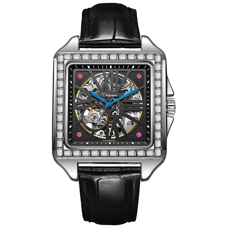 Square case automatic watch for men with diamond-studded bezel on a stainless steel bracelet