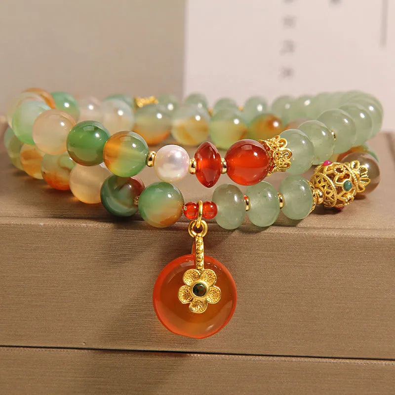 Peacock green agate double ring bracelet for women with alloy construction and safety buckle