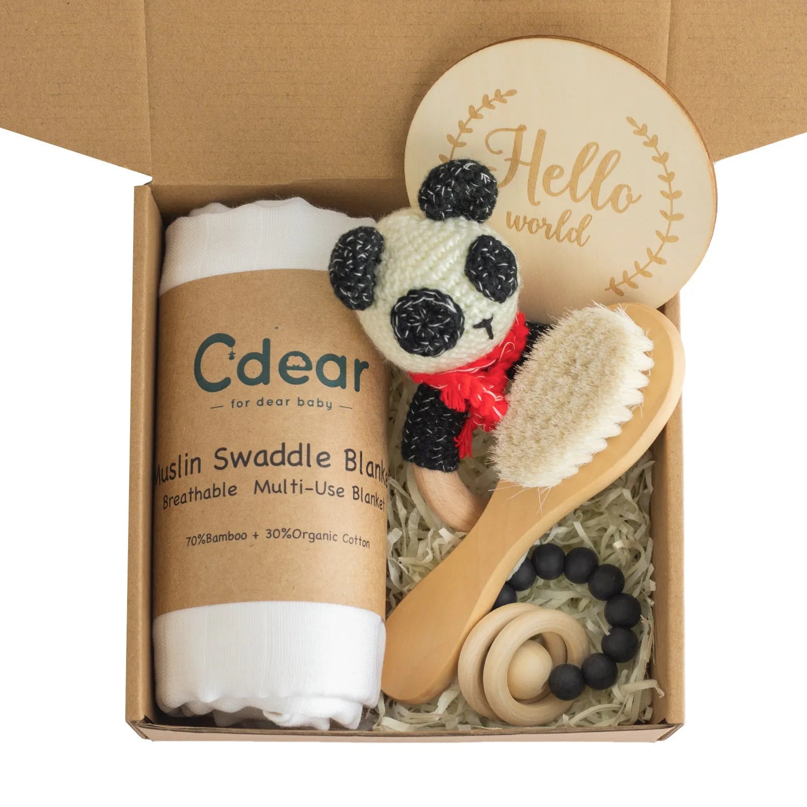 Baby teething toy set with bamboo blanket, wooden teether, bell, tyre brush and milestone for infant development