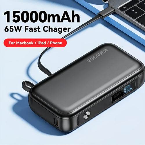 Black 15000mAh digital display power bank with USB-C and USB-A ports