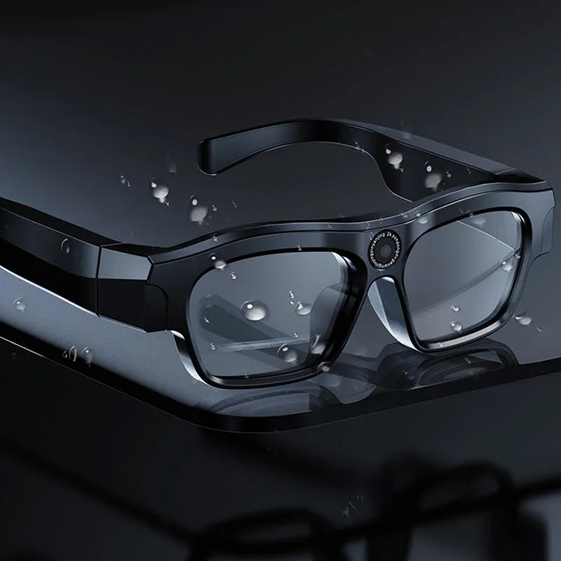 Black head-mounted smart glasses with a video recorder, showing touch controls on the frame.